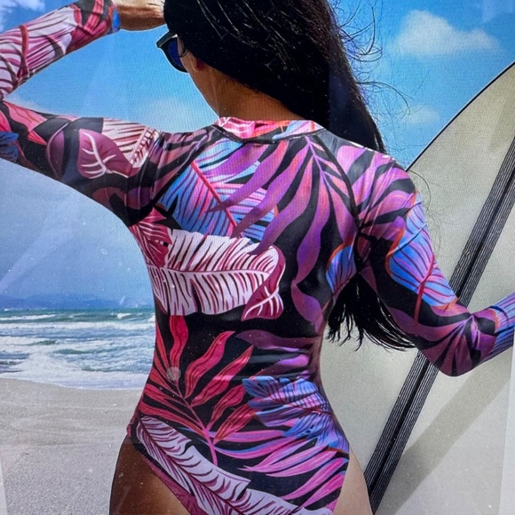SPRTY Women L/S Tropical Leaf Print One-piece Swimsuit--Rashguard-Surf -Sz. XL - Picture 7 of 9